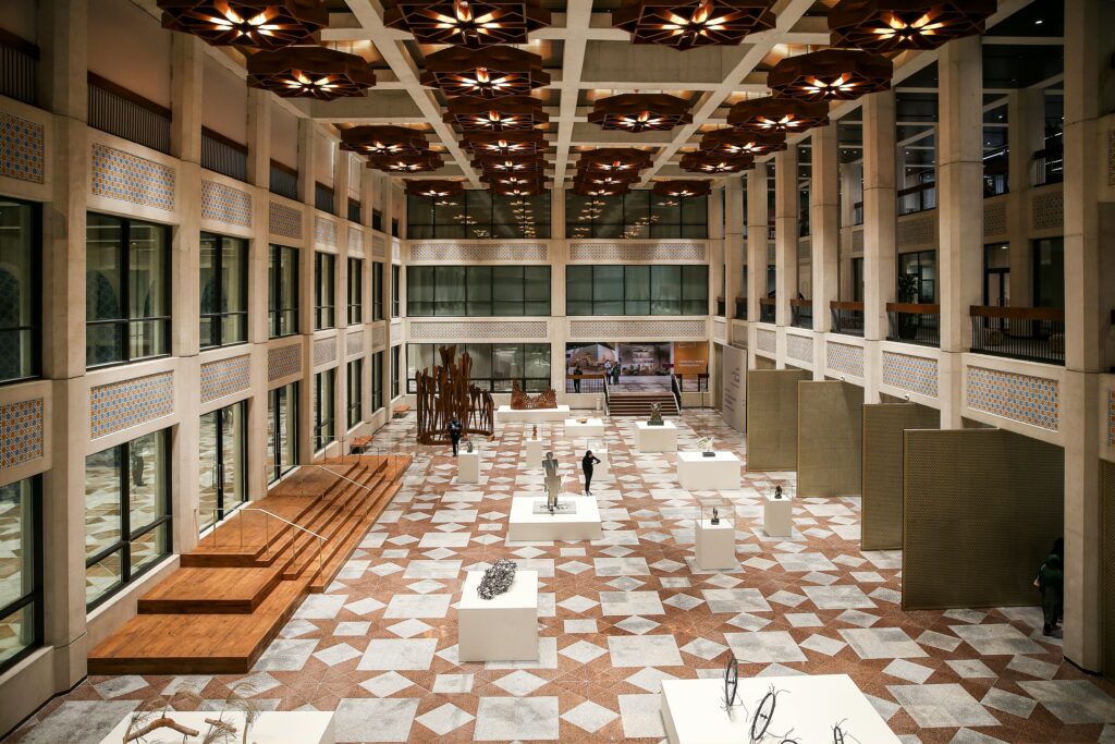 A captivating modern museum hall featuring contemporary exhibits and architectural design.